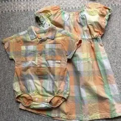 【おそろい】チェック柄 半袖ワンピース ロンパース セット 80cm 110cm