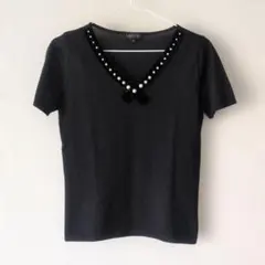 LANVIN ブラック　シアー　 Vネックニット　パール　リボン付き　 38のサムネイル