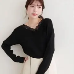 natural couture アシメレースネックリブニットプルオーバー