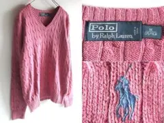 ラルフローレン ロゴ刺繍 Vネック シルク ケーブルニット M ピンク