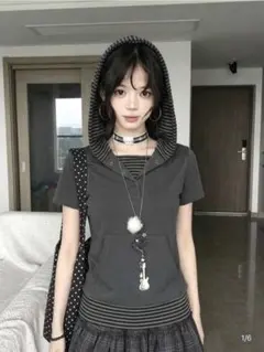 SHEIN ストライプ フード付き 半袖Tシャツ