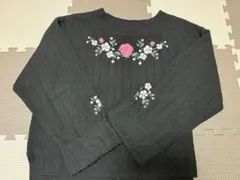 【美品】ブラックリブニット 長袖 バラ刺繍