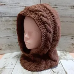 バラクラバ　ブラウン ケーブル編み フード付きスヌード