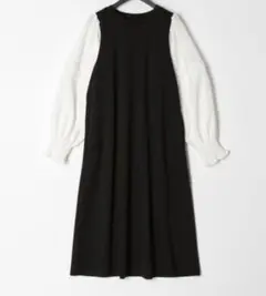 MARTHA（マーサ）　異素材袖ワンピース （ブラックxホワイト）　Lサイズ