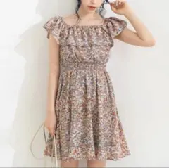 ウエストシャーリングワンピース 花柄 M