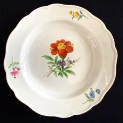 古マイセン 金彩 花のブーケと虫の絵付け 深皿 19C末 直径 23.3センチ