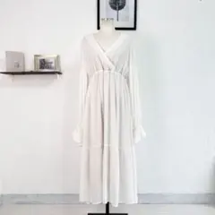カシュクール ワンピース ティアード フレアスリーブ バックリボン オフホワイトのサムネイル