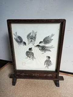 ヴィンテージレトロ昭和鳥の絵の木製スタンド額縁古い昔置き物飾り日本和製和室玄関