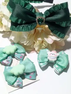 4点セット♡ヘアアクセサリーセット♡カチューシャ♡ヘアピン♡緑系♡ハンドメイド