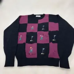 ウール100%ゴルフ刺繍入りニットセーター ブラック✖︎パープルL L❣️