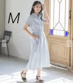 ウエストタックワンピース　ブルーストライプ　M