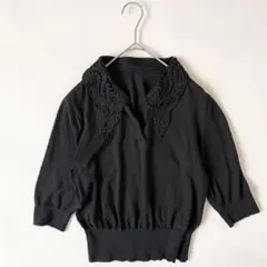 マメクロゴウチ Embroidery Collar Knitted Top 黒