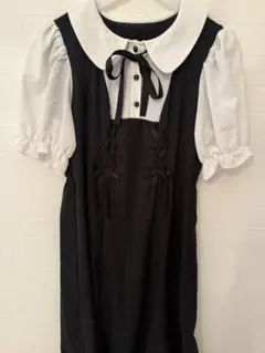 DearMyLovrRose 黒白半袖ロングワンピース 襟リボン付き