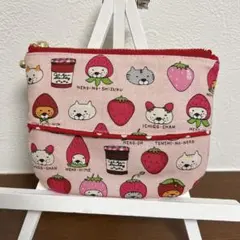 ハンドメイド コットンこばやし いちご 猫柄 ポケットティッシュポーチ ポーチ
