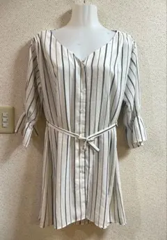 THE SHOP TK ストライプ柄 シャツワンピース ウエストリボンベルト