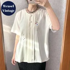 ヴィンテージ レトロ古着 ビーズ刺繍デザインノーカラーブラウス 半袖 白