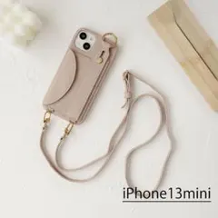 iPhone13mini ケース　くすみピンク　ショルダーストラップ付