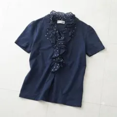 Aylesbury アリスバーリー フリル半袖Tシャツ ドット柄 シフォン襟 紺のサムネイル