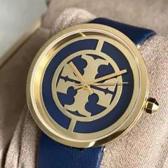 稼働品　TORY BURCH トリーバーチ　デカロゴ　ゴールド　ネイビー　腕時計
