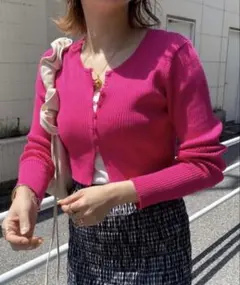 ピンク リブ編み クロップドカーディガン