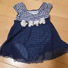 ギンガムチェック ワンピース水着 花飾り付き