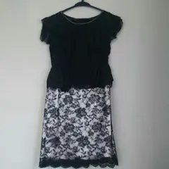 即購入可 パーティードレス 9号 ブラック ベージュ レース リボン ペプラム