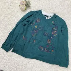 【一点物】レトロ古着 花柄刺繍スウェット 深緑 ダークグリーン L相当 ゆるだぼ