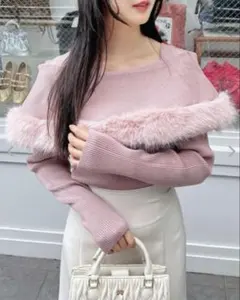 INGNI ファー付きケープニット オフショル ピンク M