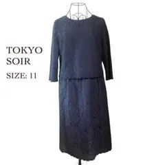 東京ソワール 総レース 重ね着風ワンピース 七分袖 ネイビー 紺 11号のサムネイル