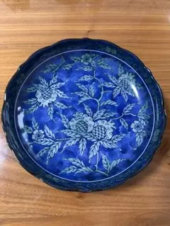美濃焼 双峰 西洞窯 大皿　深皿　藍色　花模様