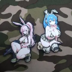 ベルクロワッペン★迷彩しゃがみピンクボニテ&ぼんぼんブルーツインテバニーセット