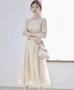 リボン＆パール付きハイウエスト切り替えレースドッキング七分袖ワンピース