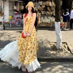 春夏にぴったり！さくらんぼ総柄 ロングワンピース❤️お出かけにも最適！