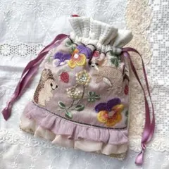 インド刺繍リボン♡アニマル×パンジー柄 巾着