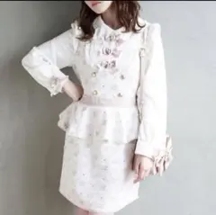 LIZLISA モノグラムツイードワンピース 白 ピンク長袖 地雷 量産