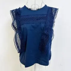 美品 エポカ 総レース切替 刺繍 花柄 ブラウス ネイビー 紺 40 半袖 