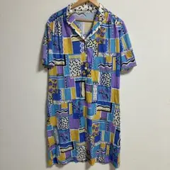 レトロ80s✨️総柄 幾何学模様 ワンピース L/XL ポップ ヴィンテージ