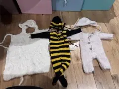 ニューボーンフォト用　衣装　3点セット　ハチ　くま　編み物　ニット　ロンパース