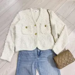 ミラオーウェン 金ボタン ニットツイードショートジャケット 白 カーディガン