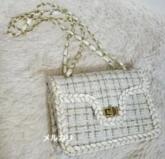 チェーンバッグ ツイード風 チェック 2way ショルダー ホワイト