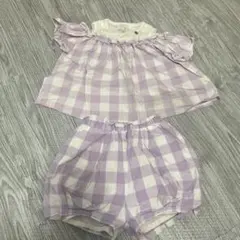 90cm petit main 紫と白のチェック セットアップ 肩出し