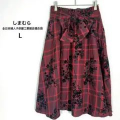しまむら◉フレアスカート M 赤×黒 花柄 チェック リボン 通勤 デート♡美品