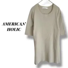 【アメリカンホリック】ニット　リブ　半袖　丸首　ストレッチ　無地　通勤　シンプル