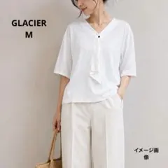 GLACIER ボウタイ風 Vネックカットソー 白 M 春夏　通勤　ビジネスのサムネイル