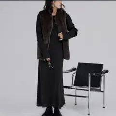 ユアーズ　Ur's リブ編み黒ロングワンピース ニットワンピブラック