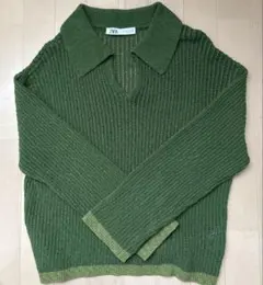 ZARA グリーン Vネック ポロ襟 ニットセーター