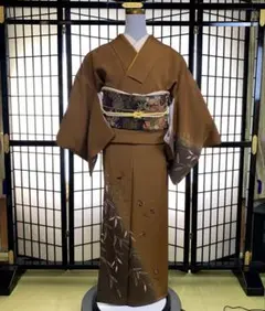 【極美品】訪問着　六通袋帯　伊達衿　帯揚げ　帯締め　5点セット　茶系　笹　花刺繍