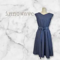 innowave ストライプ柄 フレンチスリーブワンピース ベルト付 Mのサムネイル
