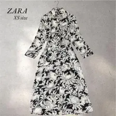 *・美品.ZARA ボタニカル リーフ 総柄 とろみ シャツワンピース 白黒