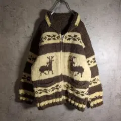 カウチンニット ジップアップ 鹿柄 カナダ製 SKANA ウール ブラウン